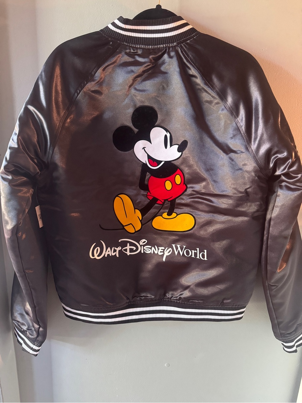 NWT Walt Disney World Mickey Mouse Black Satin Varsity Jacket size small NWT